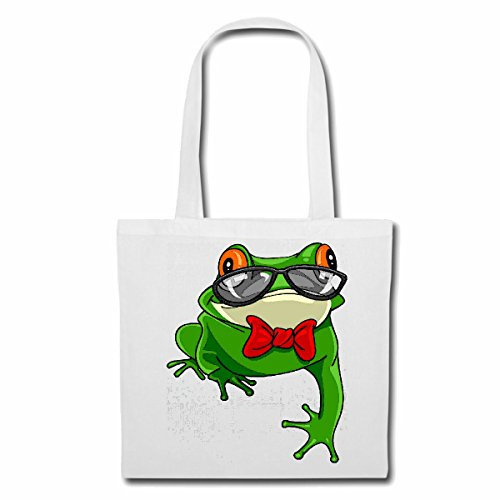 Reifen-Markt Tasche Umhängetasche LUSTIGER FROSCH MIT FLIEGE UND BRILLE LIFESTYLE FASHION STREET WEAR HIPHOP LEGENDARY SALSA Einkaufstasche Schulbeutel Turnbeutel in Weiß