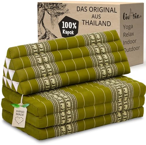 livasia Thaikissen 3 Auflagen für Paare XXL - 190x80x8cm - Dreieckskissen Klappmatratze, extrabreit Kapok, Rückenkissen faltbar, Thaimatte zum Klappen, Meditationskissen (Grün/Elefanten)