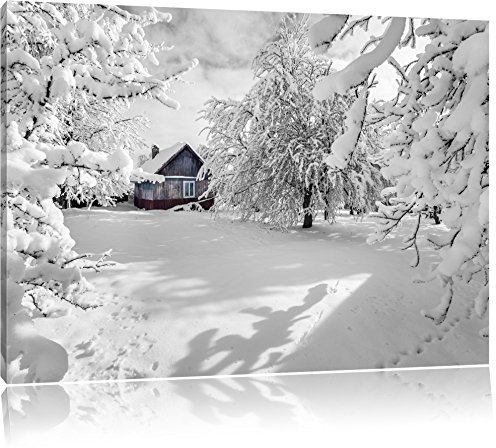 Pixxprint einsame Hütte in schöner Winterlandschaft B&W, Größe: 60x40cm, Leinwandbild, fertig gespannt, Wandbild, Dekoration, Kunstdruck, kein Poster