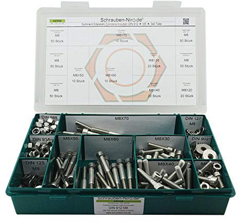 Sortiment M8 DIN 912 Edelstahl A2 (V2A) Zylinderschrauben (Innensechskant) - Set bestehend aus Schrauben, Unterlegscheiben (DIN 125, 127, 9021) und Muttern (DIN 934, 985) - 340 Teile
