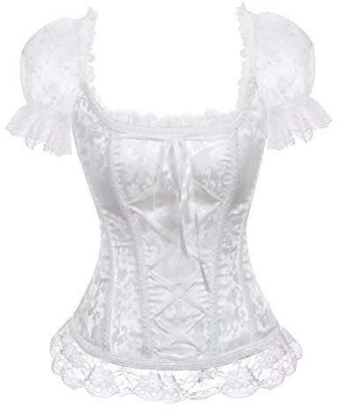 Jutrisujo korsett vollbrust corset bustier vintage corsage mit träger spitze blumen Ärmel damen top halloween viktorianisch Weiß m
