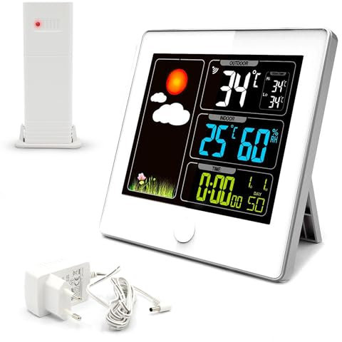 FISHTEC Wetterstation „Color My Day“ mit Ladefunktion – Farbdisplay, Innen- & Außentemperatur, Wettervorhersage, Uhr & Wecker, USB-Ladeanschluss