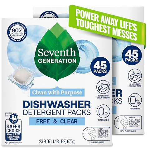 Seventh Generation Dishwasher Detergent Packs Free & Clear Pack of 2 for sparkling dishes Dishwasher tabs 45 count