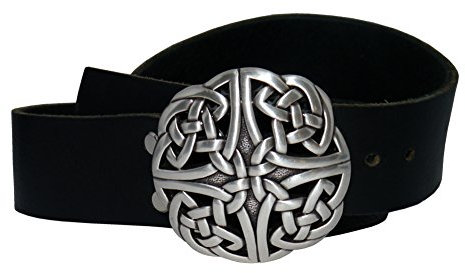 Wolfszeit Keltengürtel - Ledergürtel mit keltischer Rundschnalle (silber) - schwarzes Rindleder (130cm)