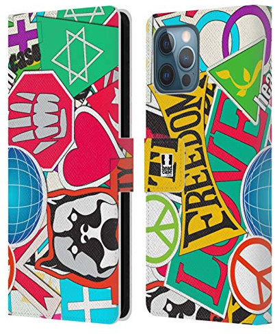 Head Case Designs Schlagworte Sticker Happy - New Leder-Wallet-Hülle Kompatibel mit Apple iPhone 12 Pro Max