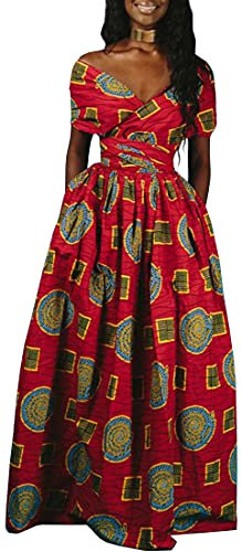OLIPHEE Robe Femme Imprimer lâche Grande Taille Afrique sans Manches Une épaule De Multiples Façons De Porter(L, Cercle Rouge)