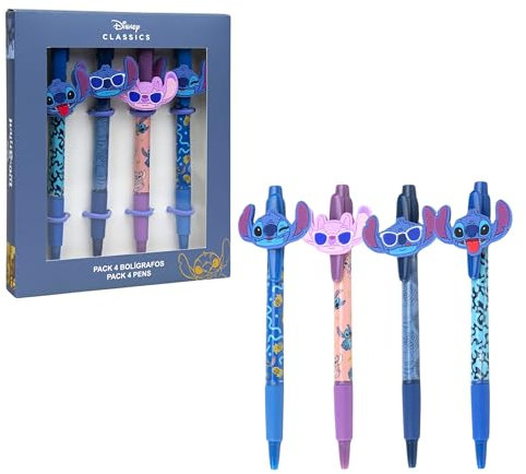 Disney Lilo e Stitch Penne, Confezione da 4 Penne, Inchiostro Nero, Stitch e Angel 3D Design