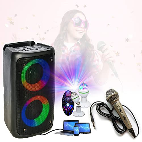 Party Light & Sound - Enceinte Portable Karaoke sur Batterie Enfant Party LEO-250 USB Bluetooth - Micro - Jeu de Lumière Rotatif - Anniversaire - Boum