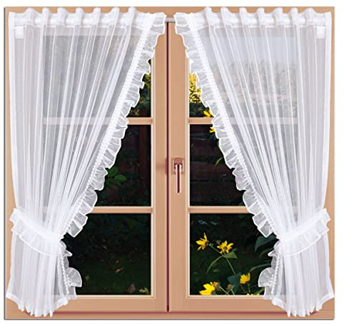 SeGaTeX home fashion Dekoschals Manja Gardinen-Set 4-teilig Scheibenraffgardine mit Rüsche in weiß halbtransparent inklusive Raffhalter 125 x 100 cm
