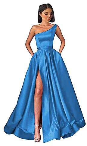 Damen One Shoulder Ballkleider Lange Schlitz Satin A-Linie Formelle Abendkleider Sexy Partykleid