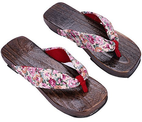 XGOPTS Japanisch Slippers Holz Zehentrenner Damen Mädchen Sandalen rutschfest Schlappen Blumenmuster Strandschuhe Weich Atmungsaktiv Schlappen Elegant Outdoor Strand Spa Kimono Yukata
