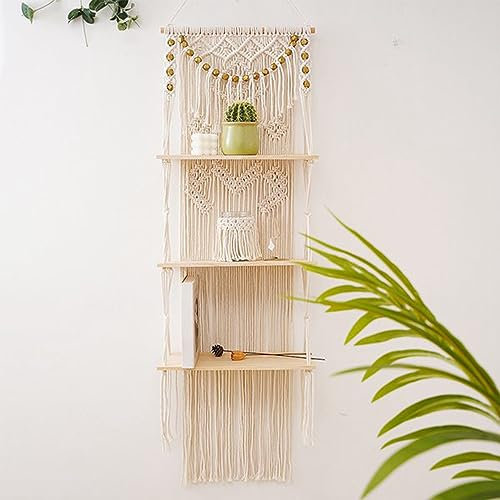Smallterm 3-Tier Hanging Shelves Boho Wall Decor Storage Organizer Wall Hanging Floating Wall Shelves for Bedroom Bathroom Nursery, Boho Wall Decor Shelves for Plant Pot 40×120cm