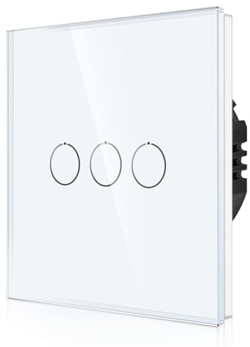 CNBINGO Interruptor de luz táctil empotrado en blanco - Interruptor de pared triple con LED de estado y panel de cristal - No requiere neutro - Interruptor táctil de 3 vías - 500 W/compartimento