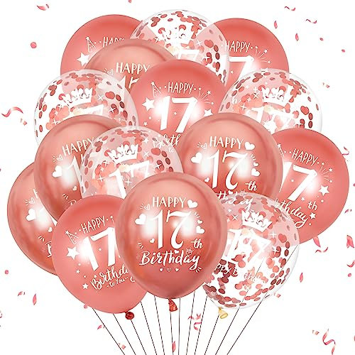 17th Birthday Balloons,15 Pcs Rose Gold Happy 17th Birthday Balloons Party Decorations for Girls Boys 17 Years Old Party Decoration Supplies