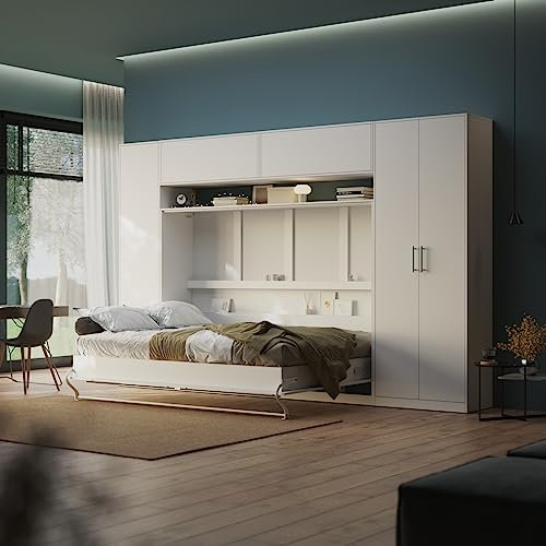 SMARTBett WOHNWAND Schlafzimmer 5-TLG. Set inkl. SCHRANKBETT 140x200cm Querbett + 4 Schränke Weiss
