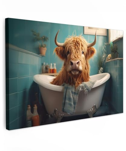MuchoWow© Wandbilder Groß 120x80 cm XXL Schlafzimmer Home Deko Wohnung Bild Wohnzimmer Fotoleinwand Wand Bilder Leinwand Wall Decor Schottische Hochlandrind - Kuh - Highland Cow - Badezimmer - Bad