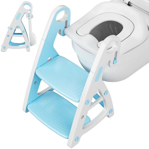 Reducteur Toilette Enfant avec Marche, Marche pied Siège de Toilette 2 en 1, Portable Pliable, Coussin Anti-éclaboussures, Marches Agrandies, Rehausseur Toilette avec Escalier, Bleu