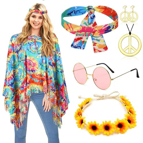 Hippie Kostüm Set Mit Poncho und Zubehör - Karneval Fasching Damen Boho Flower Power 60er 70er Jahre Bekleidung - Cowgirl Kostüm Disco Outfit