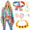 Hippie Kostüm Set Mit Poncho und Zubehör - Karneval Fasching Damen Boho Flower Power 60er 70er Jahre Bekleidung - Cowgirl Kostüm Disco Outfit