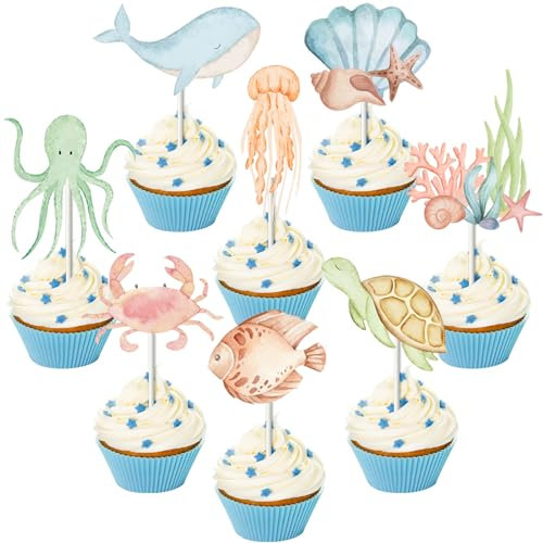 Fangleland Under The Sea Cupcake Toppers Birthday Cake Decorations, Ocean Animal Theme Cupcake Toppers, Ocean Creature Wal Turtle Octopus Fish Cupcake Birthday Baby Shower Party Supplies