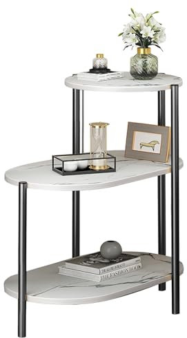 KMDZDZGS 3-tier side table, small side table, sofa table, marble table with metal frame, bedside table for coffee and laptop, coffee table suitable for living room, bedroom, dining room (White)