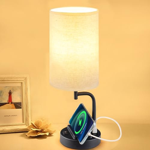 Dreamholder Bedside Lamp USB Table Lamp, Desk Lamp with USB C&A Charging Ports, Nightstand Light with Phone Stands for Bedroom Living Room, Home Office Decor, Black, Without Bulb