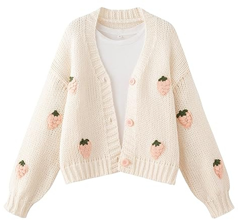 FindThy Cardigan Kawaii brodé Fraise à Manches Longues et col en V pour Femme, Rose, Taille L