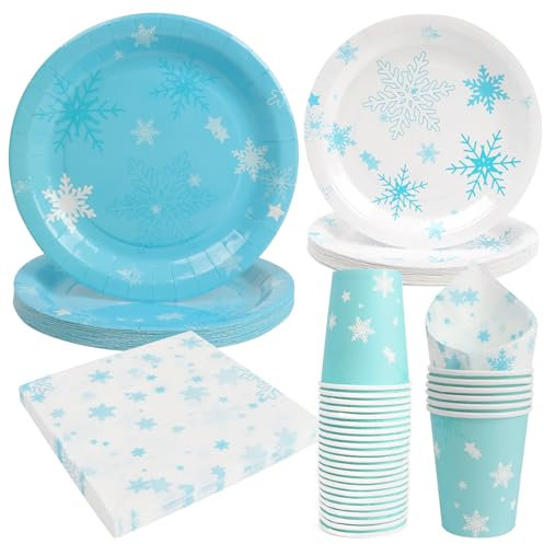 PARTY GO 96pcs Winter Frozen Snowflake Tableware Set Frozen Birthday Party Supplies with Paper Plates Cups Napkins for Christmas Winter Wonderland Themed Birthday Party Decor