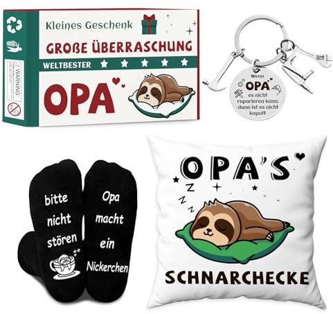 DADAPANGHU Opa Geschenk - Faultier Kissenbezug (45x45cm), Lustige Socken und Schlüsselanhänger für Weihnachten, Geburtstag und Vatertag