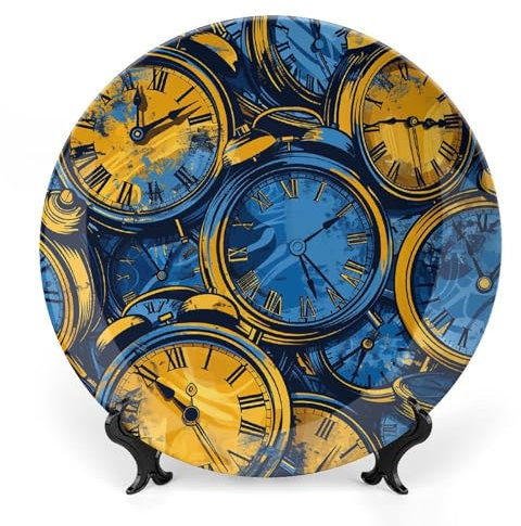 GFLFMXZW Assiette décorative en porcelaine anglaise avec support de présentation - Horloge bleue et jaune - Assiettes décoratives rondes en céramique - Décoration murale pour la maison et le bureau -