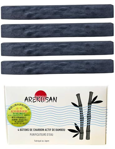 4 X Charbon Actif Eau Bambou | Filtre eau du robinet naturel du Japon | Filtration de 1L par Baton de Charbon | Purificateur idéal pour Gourde, Carafe, Pichet et Fontaine