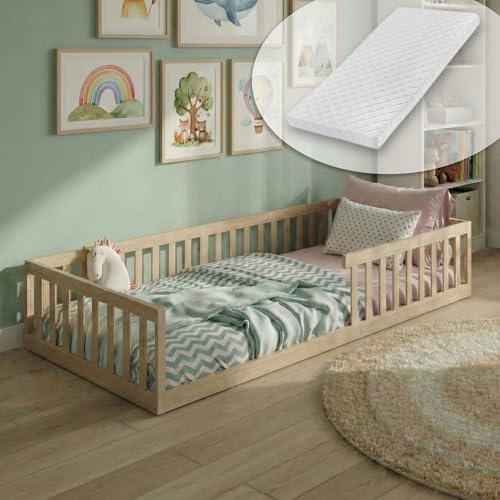 Kids Collective Kinderbett Bodenbett 90x200 cm mit Matratze, Lattenrost & Rausfallschutz Montessori Bett Bed Gitterbett Kinder Jugendbett Einzelbett | Natur | von 4. bis 18. Lebensjahr