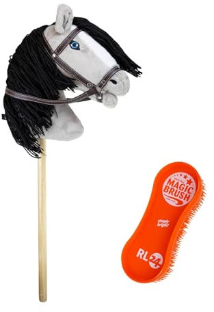 RL24 - Hobby Horse – Steckenpferd mit Trense – Spielpferd aus Plüsch mit Holzstock & Langer Mähne – Stockpferd ohne Griffe & Rollen – Hobby Horse Pferde – Grau