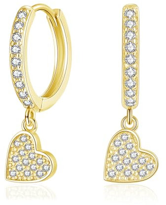 Estrellique Silver 925 Hoop Earrings Hanging for Women Girls, 925 Sterling Silver Hoop Earrings, Hypoallerge Huggie Earrings with Heart Pendant, Gold Dangle Hanging Earrings with AAAAA Cubic Zirconia