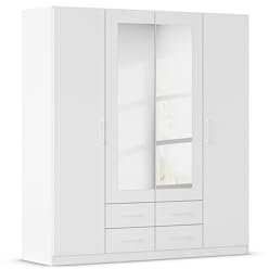 Rauch Möbel Belfast Kleiderschrank, Schrank, Garderobe, Organizer, 4-türig, mit Spiegel, 4 Schubladen für mehr Stauraum, Farbe Weiß, Stangengriff Weiß, 181x197x54cm