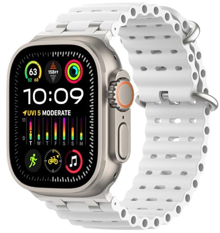 MoKo Upgraded Correa Deportiva de Silicona de Repuesto Compatible con Apple Watch 49mm/46mm/45mm/44mm/42mm - Series 10/9/8/7/6/5/4/3/SE2/SE/Ultra2/Ultra - Para Hombres y Mujeres, Plata/Blanco