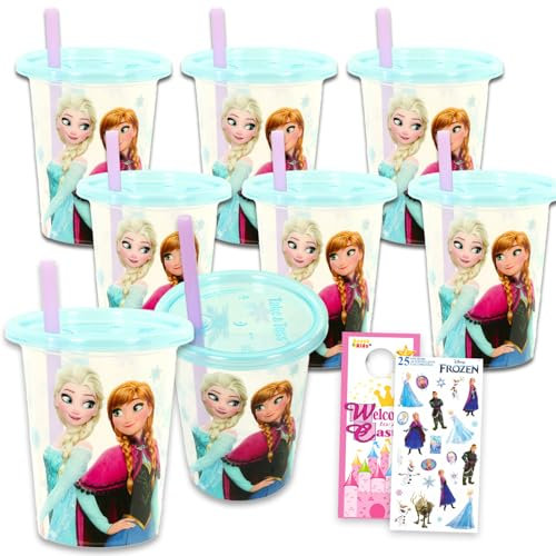 Frozen 10 Oz Reusable Cups Set - Bundle with 8 Refillable Cups with Lids and Straws for School Supplies, Sports, Party Supplies, More | Disney Frozen Tumblers for Toddlers Birthday