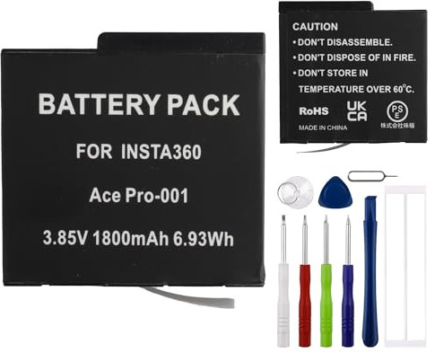 E-yiiviil Batteria di ricambio 360 Ace Pro, 3,85 V, 1650 mAh, compatibile con Insta360 Ace Pro 2/Ace Pro/Ace, batteria per fotocamera sportiva con strumenti