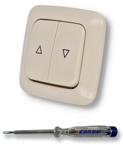 EBROM SET IDEE: BUSCH JÄGER Jalousieschalter Rolladenschalter 2000/4 US (2000/4US) DURO2000 cremeweiß glänzend Komplettset mit Aufdruck Pfeil auf/ab + EBROM Phasenprüfer zur Montage