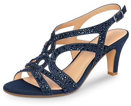PIZZ ANNU Womens Sandals Sparkly Rhinestones Strappy Kitten Heels Ladies Wedding Shoes for Women Bride Slingback Summer Prom Party Navy Size 9