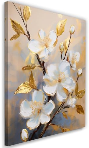 Feeby Wandbilder - Bilder Schlafzimmer - Blumen Magnolie Weiß Gold - 60x90 1tlg - Wohnzimmer Bild Groß - Wohnungs - Foto Geschenk - Leinwand Wall Art - Wand Deko