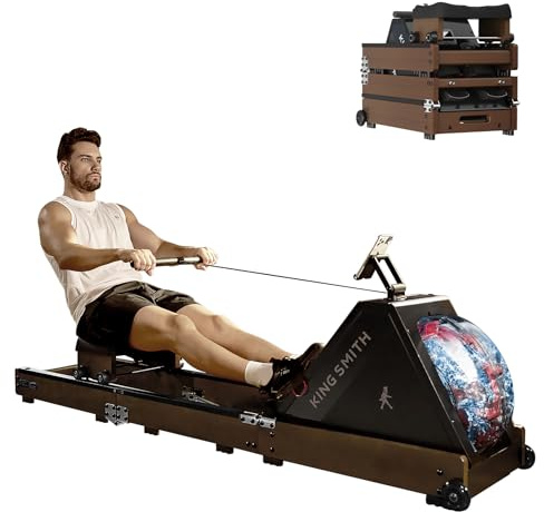 Rudergerät für Heim-Fitnessstudio, Wasserwiderstands-Rudergerät mit 6 Stufen Einstellung,150 kg Gewichtskapazität mit LED-Monitor, App-kompatibel, Walnuss