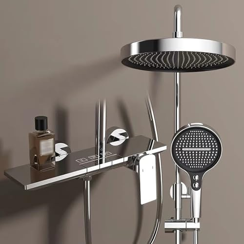 Duschsystem Regendusche mit Armatur, Höhenverstellbar Duscharmatur Komplettset mit 32.5cm Kopfbrause, 4-Strahl Handbrause Duschset inkl Brausestange und Schlauch(Chrome)