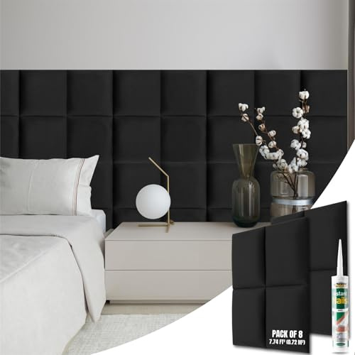 NOVECRAFTO Velvet Padded Wall Panels Set of 8 - Black Upholstered Anti-Collision Panels with Adhesive - H11.8 x W11.8 (30x30cm) Cushioned Paneling for Beds, Kids Room, Hallways & Feature Walls