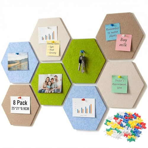 SRunDe 8 Stück Filz Pinnwand Selbstklebend Sechseckig mit 50 Reißnägel | 25x21x0.9CM Selbstklebende Pinnwände aus Kork Filz Wandpaneele Memoboard Hexagon Korkplatten für Die Wand Kinderzimmer Schule