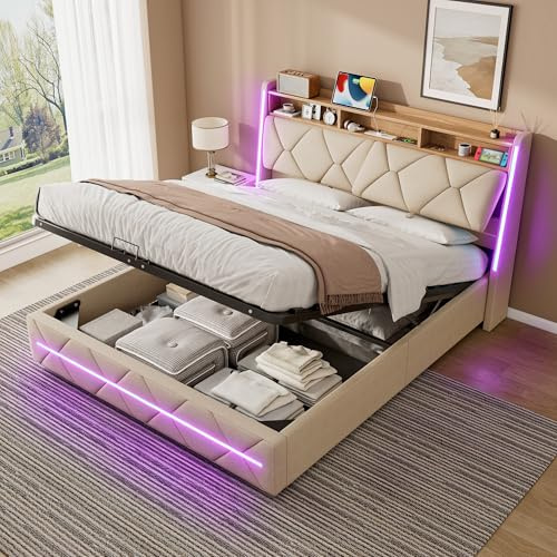 ZUUYEE King Size Bed Frame 5ft with USB C and LED, Ottoman Bed King Size with Storage and Headboard, Beds, Frames and Bases with Metal Bedframe and Slats, Beige Linen, 150x200cm, Without Mattress