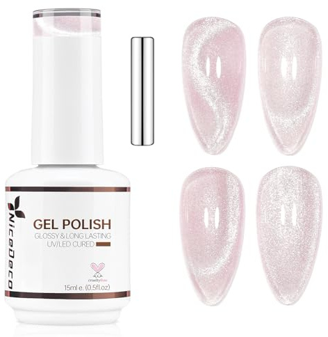 Nicedeco 15ml Vernis Gel Magnétique Œil de Chat Transparent Vitreux Rose Pâle – Effet Cristal, Paillettes Scintillantes Réfléchissantes Longue Tenue, Gel UV Translucide pour Ongles pour Salon & DIY