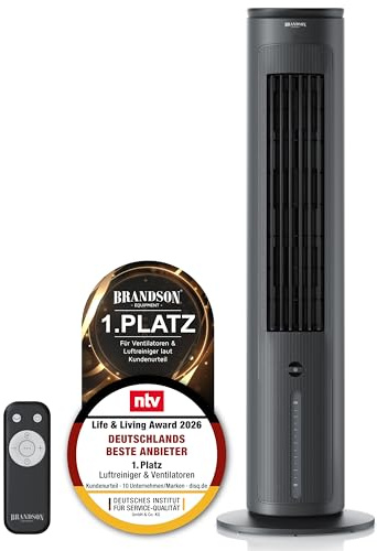 Brandson - Luftkühler mit Wasserkühlung Verdunstungskühler - Preisträger 2026 - Ventilator Turmventilator - mobile Klimaanlage ohne Abluftschlauch - 5 in 1 - leise - 4,7 L Wassertank
