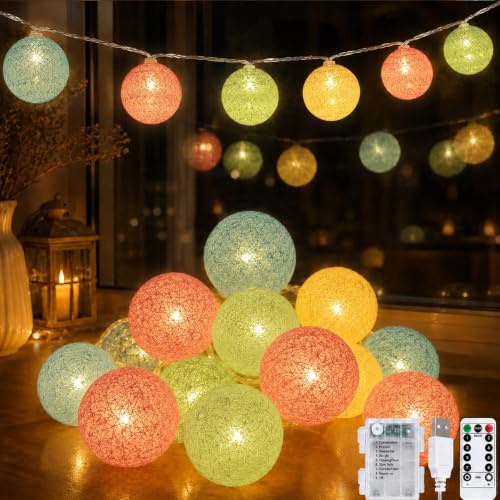 LED Lichterkette Baumwollkugeln Batterie & USB,Lichterkette Kinderzimmer | 3M 20LED Lichterkette Kugeln Batterie mit Timer und 8 Modi,Lichterkette Cotton Balls Kugeln Lichterketten mit Fernbedienung