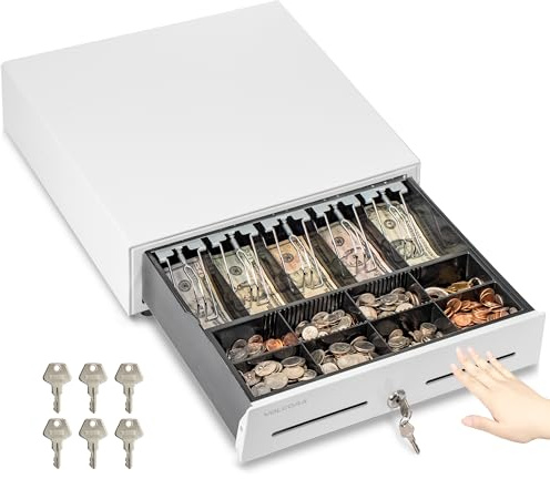 Volcora 40,6 cm große Kassenschublade zum Öffnen für POS-System, teilweise abnehmbare, robuste Kasse mit 5 Geldscheinen / 8 Münzfächern, Schlüsselschloss und doppelten Media-Slots